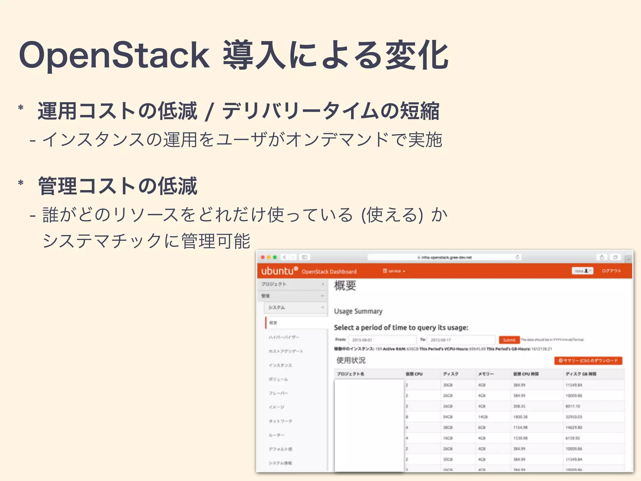 OpenStack 導入による変化
* 運用コストの低減 / デリバリータイムの短縮
- インスタンスの運用をユーザがオンデマンドで実施
* 管理コストの低減
- 誰がどのリソースをどれだけ使っている (使える) か
システマチックに管理可能
 