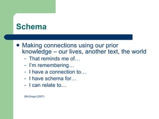 Schema Making connections using our prior knowledge – our lives, another text, the world That reminds me of… I’m remembering… I have a connection to… I have schema for… I can relate to… (McGregor,2007) 