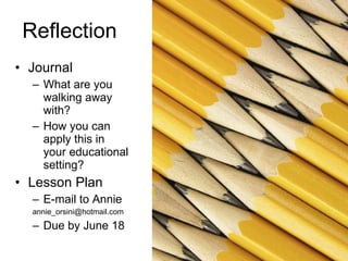Reflection Journal What are you walking away with? How you can apply this in your educational setting? Lesson Plan E-mail to Annie [email_address] Due by June 18 