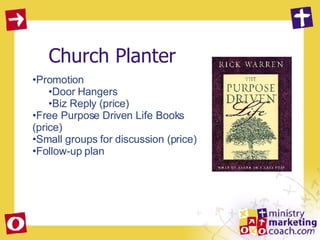 Church Planter Promotion  Door Hangers  Biz Reply (price) Free Purpose Driven Life Books (price) Small groups for discussion (price) Follow-up plan 