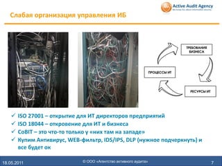 Слабая организация управления ИБ




       ISO 27001 – открытие для ИТ директоров предприятий
       ISO 18044 – откровение для ИТ и бизнеса
       CoBIT – это что-то только у «них там на западе»
       Купим Антивирус, WEB-фильтр, IDS/IPS, DLP (нужное подчеркнуть) и
        все будет ок

18.05.2011                    © ООО «Агентство активного аудита»           7
 