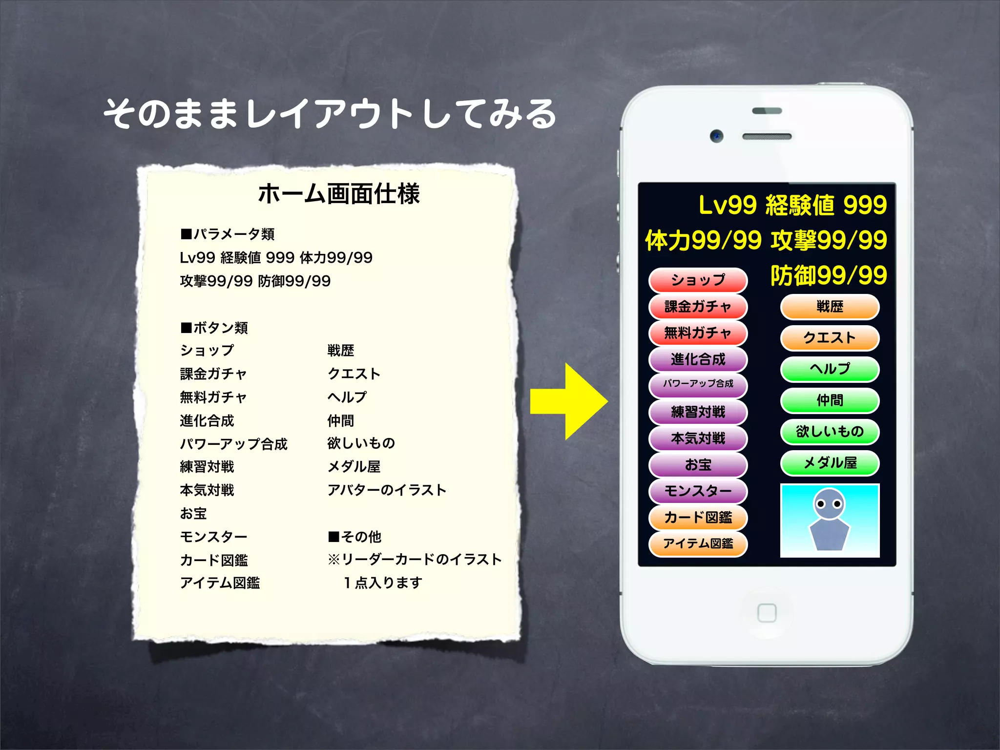 そのままレイアウトしてみる

          ホーム画面仕様                   Lv99 経験値 999
  ■パラメータ類
                                 体力99/99 攻撃99/99
  Lv99 経験値 999 体力99/99
  攻撃99/99 防御99/99                 ショップ   防御99/99
                                  課金ガチャ       戦歴
  ■ボタン類                           無料ガチャ      クエスト
  ショップ           戦歴
                                  進化合成
  課金ガチャ          クエスト                         ヘルプ
                                  パワーアップ合成
  無料ガチャ          ヘルプ                          仲間
                                  練習対戦
  進化合成           仲間
                                             欲しいもの
  パワーアップ合成       欲しいもの            本気対戦

  練習対戦           メダル屋               お宝       メダル屋

  本気対戦           アバターのイラスト        モンスター
  お宝                              カード図鑑
  モンスター          ■その他             アイテム図鑑
  カード図鑑          ※リーダーカードのイラスト
  アイテム図鑑          １点入ります
 
