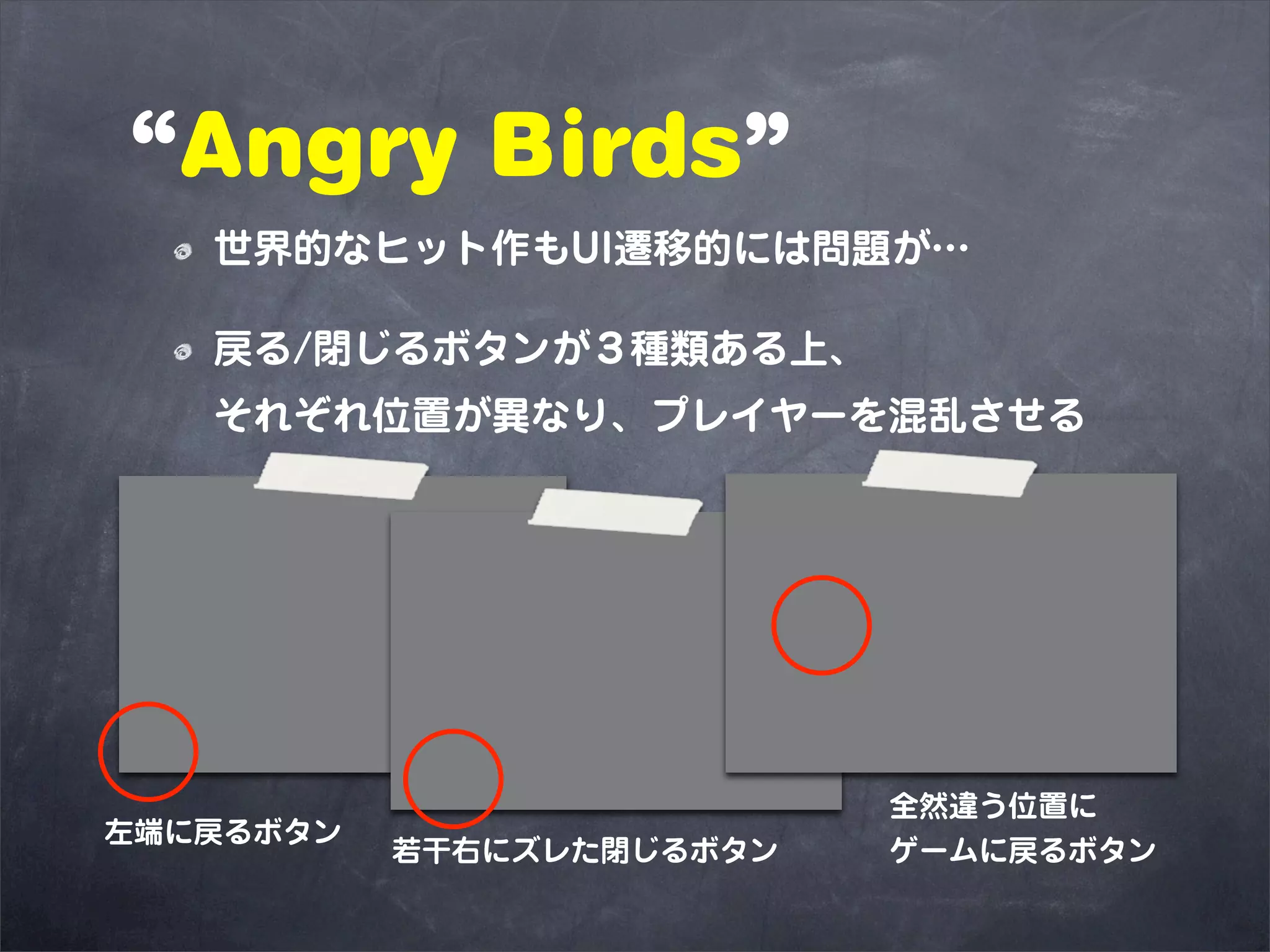 “Angry Birds”
   世界的なヒット作もUI遷移的には問題が…

   戻る/閉じるボタンが３種類ある上、
   それぞれ位置が異なり、プレイヤーを混乱させる




                           全然違う位置に
左端に戻るボタン
           若干右にズレた閉じるボタン   ゲームに戻るボタン
 