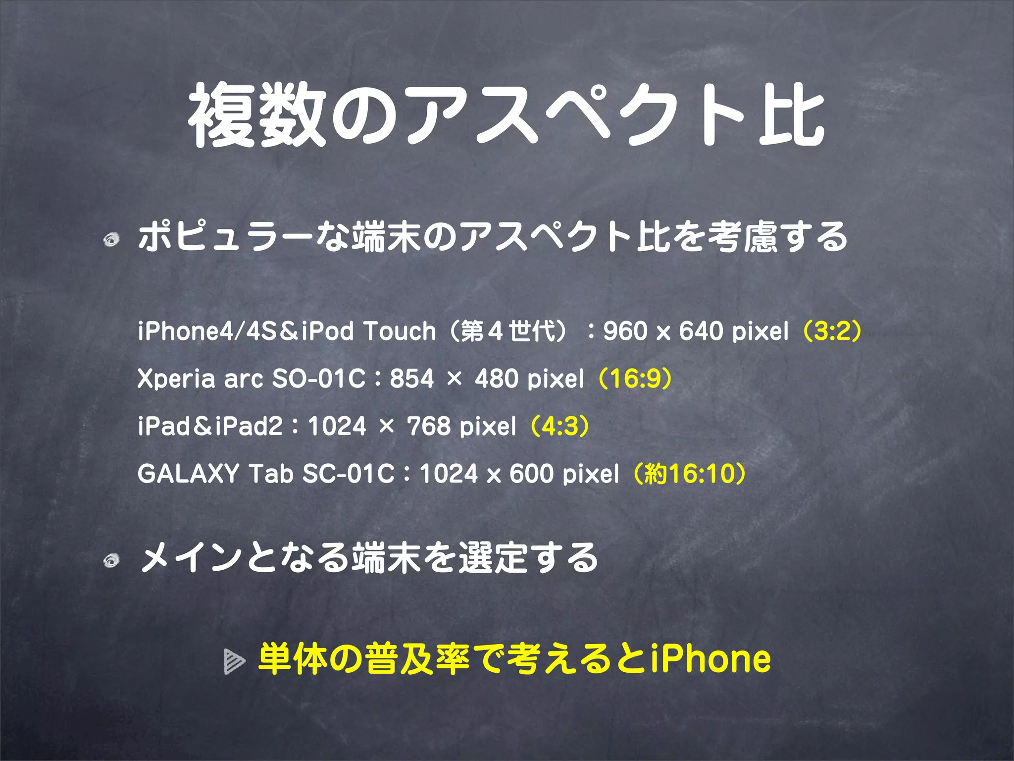 複数のアスペクト比
ポピュラーな端末のアスペクト比を考慮する

iPhone4/4S＆iPod Touch（第４世代）：960 x 640 pixel（3:2）

Xperia arc SO-01C：854 × 480 pixel（16:9）

iPad＆iPad2：1024 × 768 pixel（4:3）

GALAXY Tab SC-01C：1024 x 600 pixel（約16:10）


メインとなる端末を選定する

        単体の普及率で考えるとiPhone
 