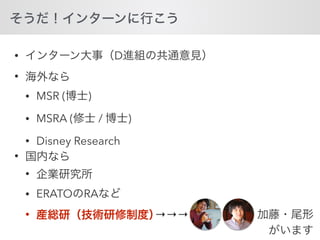 • D
•
• MSR ( )
• MSRA ( / )
• Disney Research
•
•
• ERATO RA
• →→→
 