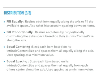 DISTRIBUTION (3/3)
▸ Fill Equally : Resizes each item equally along the axis to ﬁll the
available space. Also takes into account spacing between items.
▸ Fill Proportionally : Resizes each item by proportionally
distributing the extra space based on their intrinsicContentSize
along the axis.
▸ Equal Centering :Sizes each item based on its
intrinsicContentSize and spaces them all equally along the axis.
Uses spacing as a minimum value.
▸ Equal Spacing : Sizes each item based on its
intrinsicContentSize and spaces them all equally from each
others center along the axis. Uses spacing as a minimum value.
 