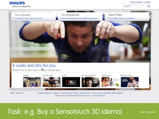 Please buy a Sensotouch 3D RQ1285/22. Please take note where you can buy this product
  (online via Philips.com, online via a third party, or in a physical shop via a retailer).




                                     Start task




                                                                                         Tool: Userzoom
Task: e.g. Buy a Sensotouch 3D                                                           Tool: Userzoom
 
