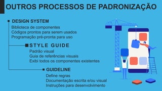 GUIDELINE
DESIGN SYSTEM
STYLE GUIDE
Define regras
Documentação escrita e/ou visual
Instruções para desenvolvimento
Padrão visual
Guia de referências visuais
Exibi todos os componentes existentes
Biblioteca de componentes
Códigos prontos para serem usados
Programação pré-pronta para uso
OUTROS PROCESSOS DE PADRONIZAÇÃO
 