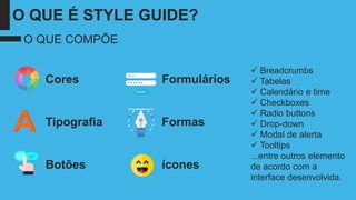 O QUE É STYLE GUIDE?
Cores
Tipografia
Botões
Formulários
Formas
ícones
✓ Breadcrumbs
✓ Tabelas
✓ Calendário e time
✓ Checkboxes
✓ Radio buttons
✓ Drop-down
✓ Modal de alerta
✓ Tooltips
...entre outros elemento
de acordo com a
interface desenvolvida.
O QUE COMPÕE
 