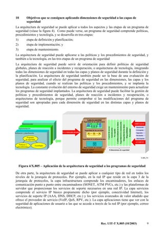 Rec. UIT-T X.805 (10/2003) 9
10 Objetivos que se consiguen aplicando dimensiones de seguridad a las capas de
seguridad
La arquitectura de seguridad se puede aplicar a todos los aspectos y las etapas de un programa de
seguridad (véase la figura 4). Como puede verse, un programa de seguridad comprende políticas,
procedimientos y tecnología, y se desarrolla en tres etapas:
1) etapa de definición y planificación;
2) etapa de implementación; y
3) etapa de mantenimiento.
La arquitectura de seguridad puede aplicarse a las políticas y los procedimientos de seguridad, y
también a la tecnología, en las tres etapas de un programa de seguridad
La arquitectura de seguridad puede servir de orientación para definir políticas de seguridad
globales, planes de reacción a incidentes y recuperación, o arquitecturas de tecnología, integrando
todas las dimensiones de seguridad en todas las capas y planos de seguridad durante la definición y
la planificación. La arquitectura de seguridad también puede ser la base de una evaluación de
seguridad, para analizar el efecto del programa de seguridad en las dimensiones, las capas y los
planos de seguridad, cuando se realizan las políticas y los procedimientos, y se implanta la
tecnología. La constante evolución del entorno de seguridad exige un mantenimiento para actualizar
los programas de seguridad implantados. La arquitectura de seguridad puede facilitar la gestión de
políticas y procedimientos de seguridad, planes de reacción a incidentes y recuperación, o
arquitecturas de tecnología, porque permite comprobar si las modificaciones del programa de
seguridad son apropiadas para cada dimensión de seguridad en las distintas capas y planos de
seguridad.
X.805_F4
Controldeacceso
Seguridad de la infraestructura
Seguridad de los servicios
Plano usuario de extremo
Plano de control
Plano de gestión
AMENAZAS
VULNERABILIDADES
8 dimensiones de seguridad
ATAQUES
Confidencialidaddelosdatos
Seguridaddelacomunicaciòn
Integridaddelosdatos
Disponibilidad
Privacidad
Autenticación
Norepudio
Destrucción
Revelación
Corrupción
Supresión
Interrupción
Capas de seguridad
Seguridad de las aplicaciones
Políticas y
procedimientos
Programa
de seguridad
Tecnología
Definición y planificación
Implementación
Mantenimiento
Figura 4/X.805 – Aplicación de la arquitectura de seguridad a los programas de seguridad
De otra parte, la arquitectura de seguridad se puede aplicar a cualquier tipo de red en todos los
niveles de la jerarquía de protocolos. Por ejemplo, en la red IP que reside en la capa 3 de la
jerarquía de protocolos, la capa infraestructura comprende los encaminadores, los enlaces de
comunicación punto a punto entre encaminadores (SONET, ATM PVCs, etc.) y las plataformas de
servidor que proporcionan los servicios de soporte necesarios en una red IP. La capa servicios
comprende el servicio IP básico propiamente dicho (por ejemplo, conectividad Internet), los
servicios de soporte IP (AAA, DNS, DHCP, etc.) y los servicios avanzados de valor añadido que
ofrece el proveedor de servicio (VoIP, QoS, RPV, etc.). La capa aplicaciones tiene que ver con la
seguridad de aplicaciones de usuario a las que se accede a través de la red IP (por ejemplo, correo
electrónico).
 