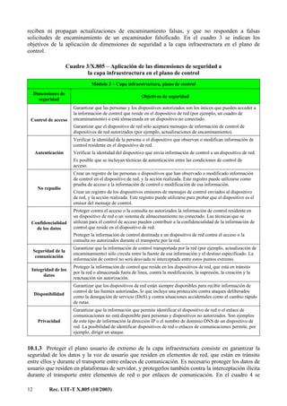 12 Rec. UIT-T X.805 (10/2003)
reciben ni propagan actualizaciones de encaminamiento falsas, y que no responden a falsas
solicitudes de encaminamiento de un encaminador falsificado. En el cuadro 3 se indican los
objetivos de la aplicación de dimensiones de seguridad a la capa infraestructura en el plano de
control.
Cuadro 3/X.805 – Aplicación de las dimensiones de seguridad a
la capa infraestructura en el plano de control
Módulo 2 – Capa infraestructura, plano de control
Dimensiones de
seguridad
Objetivos de seguridad
Control de acceso
Garantizar que las personas y los dispositivos autorizados son los únicos que pueden acceder a
la información de control que reside en el dispositivo de red (por ejemplo, un cuadro de
encaminamiento) o está almacenada en un dispositivo no conectado.
Garantizar que el dispositivo de red sólo aceptará mensajes de información de control de
dispositivos de red autorizados (por ejemplo, actualizaciones de encaminamiento).
Autenticación
Verificar la identidad de la persona o el dispositivo que observan o modifican información de
control residente en el dispositivo de red.
Verificar la identidad del dispositivo que envía información de control a un dispositivo de red.
Es posible que se incluyan técnicas de autenticación entre las condiciones de control de
acceso.
No repudio
Crear un registro de las personas o dispositivos que han observado o modificado información
de control en el dispositivo de red, y la acción realizada. Este registro puede utilizarse como
prueba de acceso a la información de control o modificación de esa información.
Crear un registro de los dispositivos emisores de mensajes de control enviados al dispositivo
de red, y la acción realizada. Este registro puede utilizarse para probar que el dispositivo es el
emisor del mensaje de control.
Confidencialidad
de los datos
Proteger contra el acceso o la consulta no autorizados la información de control residente en
un dispositivo de red o un sistema de almacenamiento no conectado. Las técnicas que se
utilizan para el control de acceso pueden contribuir a la confidencialidad de la información de
control que reside en el dispositivo de red.
Proteger la información de control destinada a un dispositivo de red contra el acceso o la
consulta no autorizados durante el transporte por la red.
Seguridad de la
comunicación
Garantizar que la información de control transportada por la red (por ejemplo, actualización de
encaminamiento) sólo circula entre la fuente de esa información y el destino especificado. La
información de control no será desviada ni interceptada entre estos puntos extremo.
Integridad de los
datos
Proteger la información de control que reside en los dispositivos de red, que está en tránsito
por la red o almacenada fuera de línea, contra la modificación, la supresión, la creación y la
reactuación sin autorización.
Disponibilidad
Garantizar que los dispositivos de red están siempre disponibles para recibir información de
control de las fuentes autorizadas, lo que incluye una protección contra ataques deliberados
como la denegación de servicio (DoS) y contra situaciones accidentales como el cambio rápido
de rutas.
Privacidad
Garantizar que la información que permite identificar el dispositivo de red o el enlace de
comunicaciones no está disponible para personas y dispositivos no autorizados. Son ejemplos
de este tipo de información la dirección IP o el nombre de dominio DNS de un dispositivo de
red. La posibilidad de identificar dispositivos de red o enlaces de comunicaciones permite, por
ejemplo, dirigir un ataque.
10.1.3 Proteger el plano usuario de extremo de la capa infraestructura consiste en garantizar la
seguridad de los datos y la voz de usuario que residen en elementos de red, que están en tránsito
entre ellos y durante el transporte entre enlaces de comunicación. Es necesario proteger los datos de
usuario que residen en plataformas de servidor, y protegerlos también contra la interceptación ilícita
durante el transporte entre elementos de red o por enlaces de comunicación. En el cuadro 4 se
 