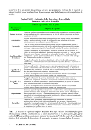 14 Rec. UIT-T X.805 (10/2003)
un servicio IP es un ejemplo de gestión de servicios que es necesario proteger. En el cuadro 5 se
indican los objetivos de la aplicación de dimensiones de seguridad a la capa servicios en el plano de
gestión.
Cuadro 5/X.805 – Aplicación de las dimensiones de seguridad a
la capa servicios, plano de gestión
Módulo 4: capa servicios, plano de gestión
Dimensiones de
seguridad
Objetivos de seguridad
Control de acceso
Garantizar que las personas y los dispositivos autorizados son los únicos que pueden realizar
las actividades de gestión o administración del servicio de red (por ejemplo dar de alta los
usuarios del servicio).
Autenticación
Verificar la identidad de las personas o los dispositivos que intentan realizar actividades de
gestión o administración del servicio de red. Es posible que se incluyan técnicas de
autenticación entre las condiciones de control de acceso.
No repudio
Crear un registro de las personas o dispositivos que realizan cada actividad de gestión o
administrativa del servicio de red, y la acción realizada. Este registro puede utilizarse para
probar que esa persona o dispositivo ha realizado la actividad de gestión o administrativa.
Confidencialidad
de los datos
Proteger la información de configuración y gestión del servicio de red (por ejemplo, los
valores del protocolo de seguridad IPSec de un cliente para un servicio RPV, que se pueden
descargar) contra el acceso o la consulta no autorizados. Se aplica a la información de
configuración y gestión que reside en dispositivos de red, que se transmite por la red o que
está almacenada en sistemas no conectados.
Proteger la información de gestión o administrativa del servicio de red (por ejemplo,
identificación y contraseñas de usuario o de administrador) contra el acceso o la consulta no
autorizados.
Seguridad de la
comunicación
En el caso de la gestión a distancia de un servicio de red, garantizar que la información de
gestión o administrativa sólo circula entre la estación de gestión distante y los dispositivos
gestionados en el contexto del servicio de red. La información de gestión y administrativa no
será desviada ni interceptada entre estos puntos extremo.
Se incluye en esta protección la información de autenticación del servicio de red (por
ejemplo, identificación y contraseñas de usuario o de administrador).
Integridad de los
datos
Proteger la información de gestión y administrativa de los servicios de red contra la
modificación, la supresión, la creación y la reactuación sin autorización. Se aplica a la
información de gestión y administrativa que reside en dispositivos de red, que se transmite
por la red o está almacenada en sistemas no conectados.
Se incluye en esta protección la información de autenticación del servicio de red (por
ejemplo, identificación y contraseñas de usuario o de administrador).
Disponibilidad
Garantizar que nada impedirá que las personas y los dispositivos autorizados puedan
gestionar el servicio de red. Incluye una protección contra ataques activos, por ejemplo de
denegación de servicio (DoS), y contra ataques pasivos, por ejemplo la modificación o la
supresión de la información de autenticación administrativa del servicio de red (por ejemplo,
identificación y contraseñas de administrador).
Privacidad
Garantizar que la información que permite identificar los sistemas de gestión o
administrativos del servicio de red no está disponible para personas y dispositivos no
autorizados. Son ejemplos de este tipo de información la dirección IP o el nombre de dominio
DNS de un sistema. La posibilidad de identificar los sistemas administrativos de un servicio
de red permite, por ejemplo, dirigir un ataque.
10.2.2 Las medidas de seguridad del plano de control de la capa servicios consisten en proteger la
información de control o señalización que se utiliza en el servicio de red. Por ejemplo, proteger el
protocolo SIP que se utiliza para iniciar y mantener las sesiones de VoIP. En cuadro 6 se indican los
objetivos de la aplicación de dimensiones de seguridad a la capa servicios en el plano de control.
 