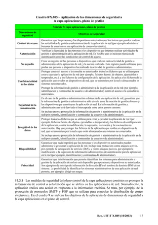 Rec. UIT-T X.805 (10/2003) 17
Cuadro 8/X.805 – Aplicación de las dimensiones de seguridad a
la capa aplicaciones, plano de gestión
Módulo 7: capa aplicaciones, plano de gestión
Dimensiones de
seguridad
Objetivos de seguridad
Control de acceso
Garantizar que las personas y los dispositivos autorizados son los únicos que pueden realizar
las actividades de gestión o administración de la aplicación de red (por ejemplo administrar
buzones de usuarios en una aplicación de correo electrónico).
Autenticación
Verificar la identidad de las personas o los dispositivos que intentan realizar actividades de
gestión o administración de la aplicación de red. Es posible que se incluyan técnicas de
autenticación entre las condiciones de control de acceso.
No repudio
Crear un registro de las personas o dispositivos que realizan cada actividad de gestión o
administrativa de la aplicación de red, y la acción realizada. Este registro puede utilizarse para
probar esa persona o dispositivo ha realizado la actividad de gestión o administrativa.
Confidencialidad
de los datos
Proteger contra el acceso o la consulta no autorizados todos los ficheros que se utilizan para
crear y ejecutar la aplicación de red (por ejemplo, ficheros fuente, de objetos, ejecutables o
temporales, etc.) y los ficheros de configuración de la aplicación. Se aplica a los ficheros de la
aplicación que residen en dispositivos de red, que se transmiten por la red o almacenados en
sistemas no conectados.
Proteger la información de gestión o administrativa de la aplicación en la red (por ejemplo,
identificación y contraseñas de usuario o de administrador) contra el acceso o la consulta no
autorizados.
Seguridad de la
comunicación
En el caso de la gestión o administración a distancia de una aplicación de red, garantizar que
la información de gestión o administrativa sólo circula entre la estación de gestión distante y
los dispositivos que constituyen la aplicación de red. La información de gestión y
administrativa no será desviada ni interceptada entre estos puntos extremo.
Se incluye en esta protección la información de gestión o administrativa de la aplicación en la
red (por ejemplo, identificación y contraseñas de usuario o de administrador).
Integridad de los
datos
Proteger todos los ficheros que se utilizan para crear y ejecutar la aplicación de red (por
ejemplo, ficheros fuente, de objetos, ejecutables o temporales) y los ficheros de configuración
de la aplicación, contra la modificación, la supresión, la creación y la reactuación sin
autorización. Hay que proteger los ficheros de la aplicación que residen en dispositivos de
red, que se transmiten por la red o que están almacenados en sistemas no conectados.
Se incluye en esta protección la información de gestión o administrativa de la aplicación en la
red (por ejemplo, identificación y contraseñas de usuario o de administrador).
Disponibilidad
Garantizar que nada impedirá que las personas y los dispositivos autorizados puedan
administrar o gestionar la aplicación de red. Incluye una protección contra ataques activos,
por ejemplo de denegación de servicio (DoS), y contra ataques pasivos, por ejemplo la
modificación o la supresión de información administrativa de autenticación para la aplicación
en la red (por ejemplo, identificación y contraseñas de administrador).
Privacidad
Garantizar que la información que permite identificar los sistemas para administración o
gestión de la aplicación de red no está disponible para personas y dispositivos no autorizados.
Son ejemplos de este tipo de información la dirección IP o el nombre de dominio DNS de un
sistema. La posibilidad de identificar los sistemas administrativos de una aplicación de red
permite, por ejemplo, dirigir un ataque.
10.3.1 Las medidas de seguridad del plano control de la capa aplicaciones consisten en proteger la
información de control o señalización que se utiliza en las aplicaciones de red. Normalmente, la
aplicación realiza una acción en respuesta a la información recibida. Se trata, por ejemplo, de la
protección de protocolos SMTP y POP que se utilizan para controlar le distribución de correo
electrónico. En el cuadro 9 se indican los objetivos de la aplicación de dimensiones de seguridad a
la capa aplicaciones en el plano de control.
 