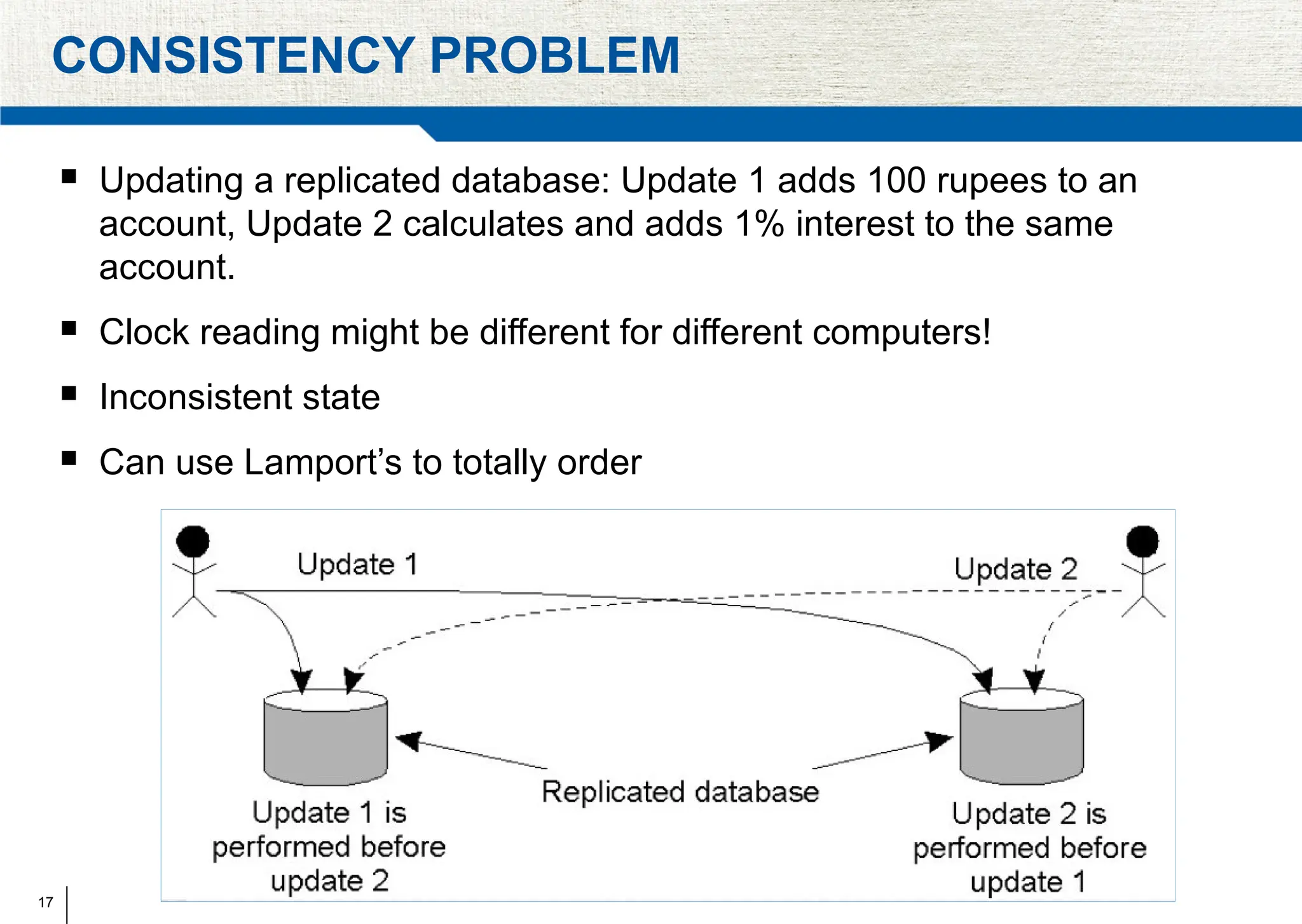 17
CONSISTENCY PROBLEM
 Updating a replicated database: Update 1 adds 100 rupees to an
account, Update 2 calculates and adds 1% interest to the same
account.
 Clock reading might be different for different computers!
 Inconsistent state
 Can use Lamport’s to totally order
 