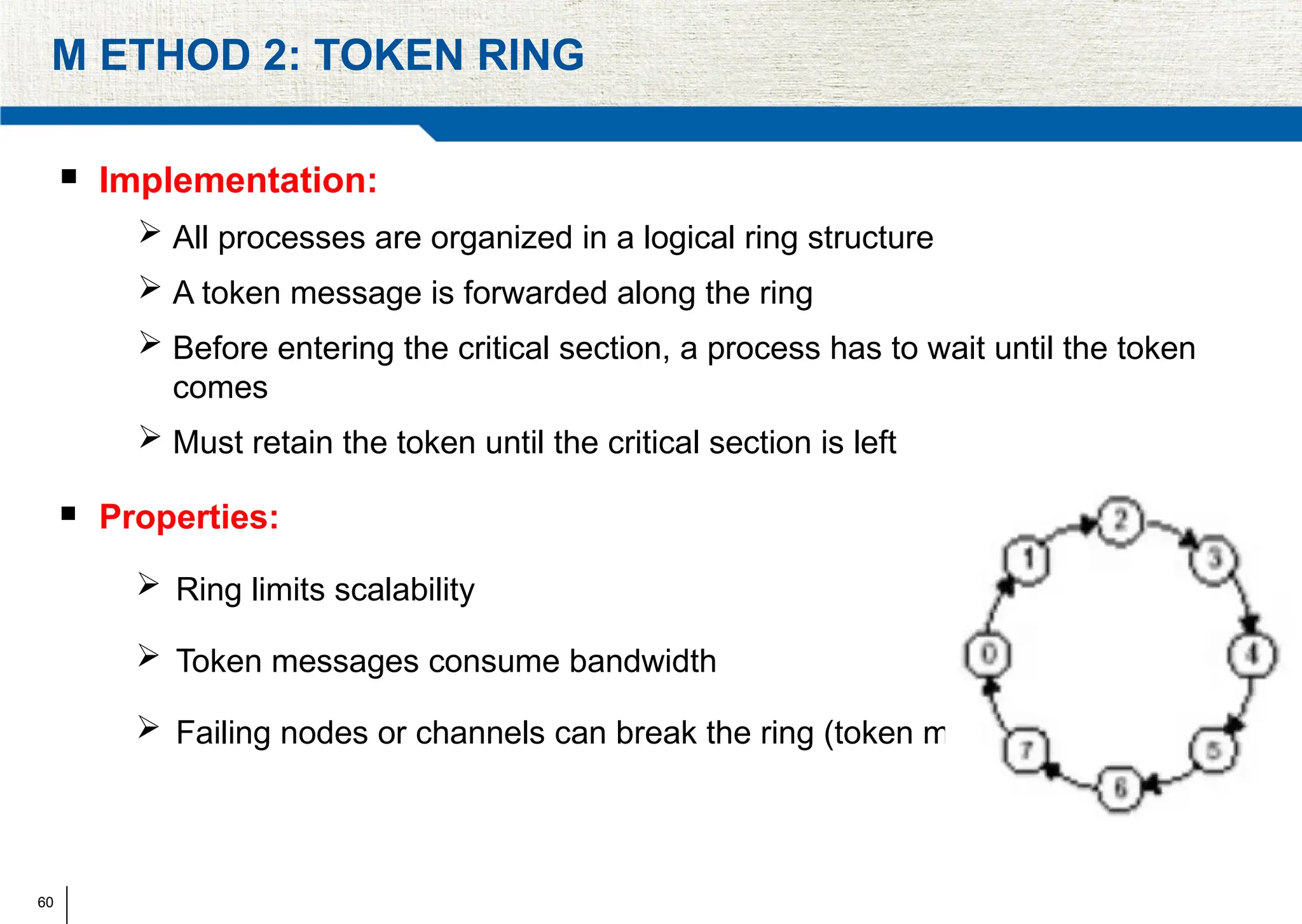 60
M ETHOD 2: TOKEN RING
 Implementation:
 All processes are organized in a logical ring structure
 A token message is forwarded along the ring
 Before entering the critical section, a process has to wait until the token
comes
 Must retain the token until the critical section is left
 Properties:
 Ring limits scalability
 Token messages consume bandwidth
 Failing nodes or channels can break the ring (token might be lost)
 