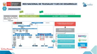 RED NACIONAL DE TELESALUD Y EJES DE DESARROLLO
ORGANIZACIÓN
2
Mar 2017 – May 2017 Jun 2017 – INDEFINIDO
ETAPA DE DISEÑO ETAPA DE IMPLEMENTACIÓN Y DESARROLLO DE TELESALUD
 