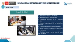 BENEFICIOS
8
RED NACIONAL DE TELESALUD Y EJES DE DESARROLLO
 Atención oportuna y de calidad
 Atención medica especializada
 Disminuye la espera en su atención
médica
 Mejora la percepción de la calidad de
atención
 Disminuye gastos de desplazamiento
 Promueve que su referencia y derivación
sea adecuada
 Facilita el acceso a los servicios de salud
a la población.
Usuario de Salud
 