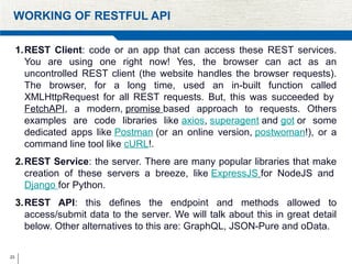 23
WORKING OF RESTFUL API
1.REST Client: code or an app that can access these REST services.
You are using one right now! Yes, the browser can act as an
uncontrolled REST client (the website handles the browser requests).
The browser, for a long time, used an in-built function called
XMLHttpRequest for all REST requests. But, this was succeeded by
FetchAPI, a modern, promise based approach to requests. Others
examples are code libraries like axios, superagent and got or some
dedicated apps like Postman (or an online version, postwoman!), or a
command line tool like cURL!.
2.REST Service: the server. There are many popular libraries that make
creation of these servers a breeze, like ExpressJS for NodeJS and
Django for Python.
3.REST API: this defines the endpoint and methods allowed to
access/submit data to the server. We will talk about this in great detail
below. Other alternatives to this are: GraphQL, JSON-Pure and oData.
 