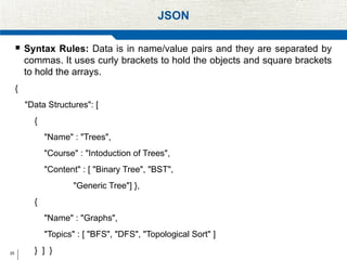 25
JSON
 Syntax Rules: Data is in name/value pairs and they are separated by
commas. It uses curly brackets to hold the objects and square brackets
to hold the arrays.
{
"Data Structures": [
{
"Name" : "Trees",
"Course" : "Intoduction of Trees",
"Content" : [ "Binary Tree", "BST",
"Generic Tree"] },
{
"Name" : "Graphs",
"Topics" : [ "BFS", "DFS", "Topological Sort" ]
} ] }
 