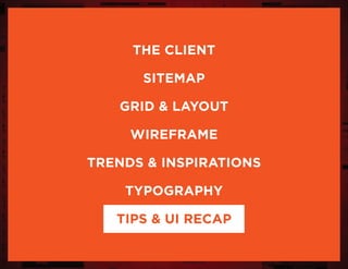 the client
sitemap
grid & layout
wireframe
trends & inspirations
typography
tips & UI Recap
 