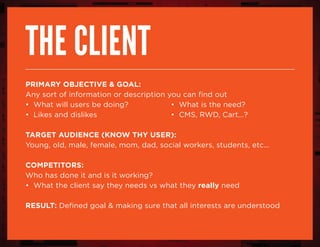 The client
Primary Objective & goal:
Any sort of information or description you can find out
• What will users be doing?			 • What is the need?
• Likes and dislikes						 • CMS, RWD, Cart...?
Target Audience (Know thy user):
Young, old, male, female, mom, dad, social workers, students, etc...
Competitors:
Who has done it and is it working?
• What the client say they needs vs what they really need
result: Defined goal & making sure that all interests are understood
 