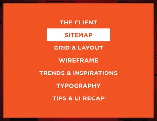 the client
sitemap
grid & layout
wireframe
trends & inspirations
typography
tips & UI Recap
 
