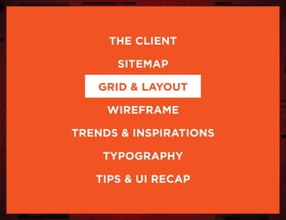 the client
sitemap
grid & layout
wireframe
trends & inspirations
typography
tips & UI Recap
 