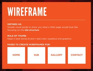 wireframe
Defined as:
Simple visual guide to show you what a Web page would look like
focusing on the site structure
Rule of thumb:
Keep it bare bones & don’t add color, typeface and graphics
Pages to create wireframes for:
HOME sub gallery contact
 