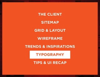 the client
sitemap
grid & layout
wireframe
trends & inspirations
typography
tips & UI Recap
 