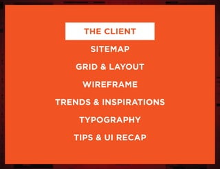 the client
sitemap
grid & layout
wireframe
trends & inspirations
typography
tips & UI Recap
 