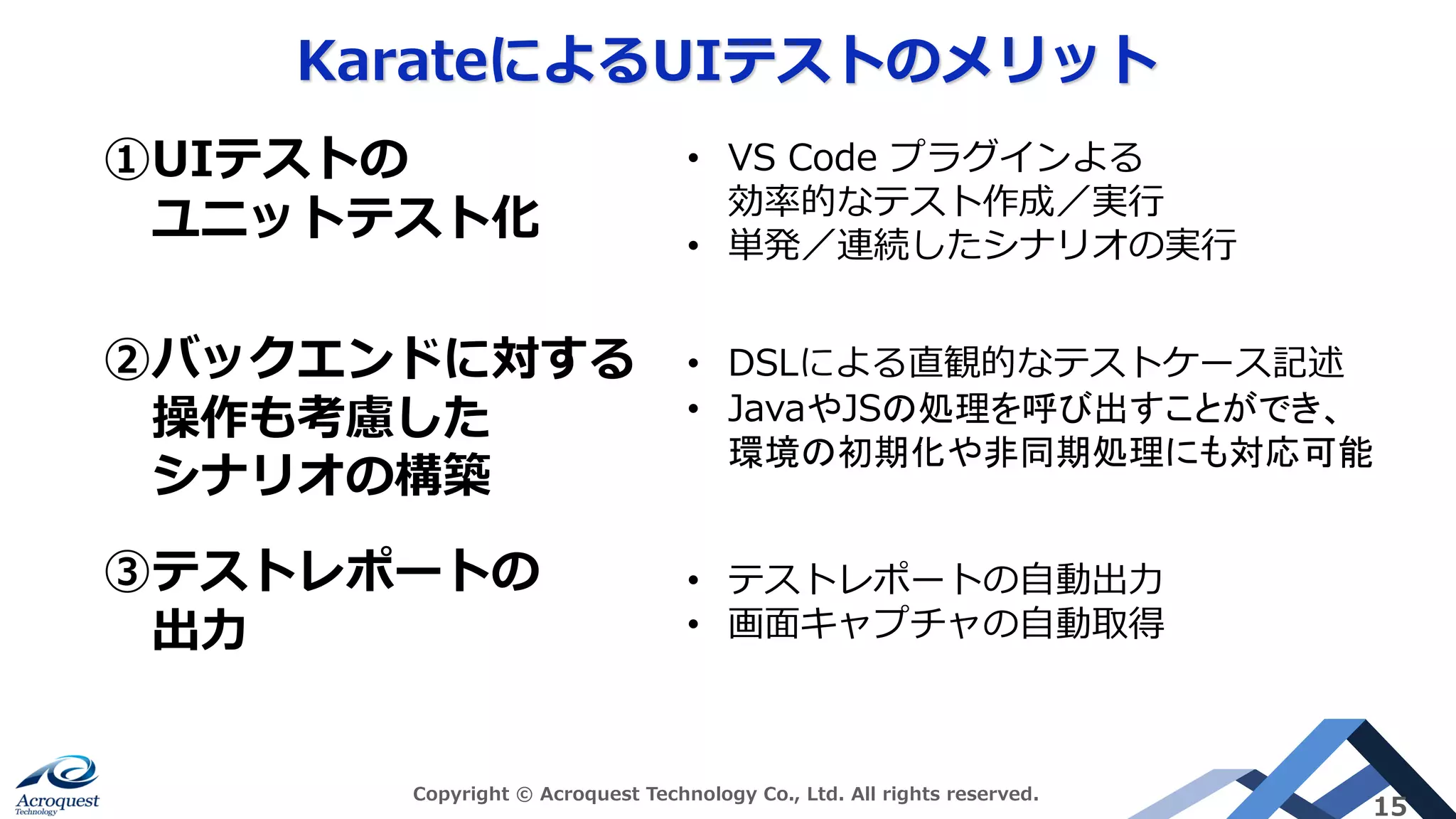 KarateによるUIテストのメリット
Copyright © Acroquest Technology Co., Ltd. All rights reserved.
15
③テストレポートの
出⼒
①UIテストの
ユニットテスト化
• VS Code プラグインよる
効率的なテスト作成／実⾏
• 単発／連続したシナリオの実⾏
②バックエンドに対する
操作も考慮した
シナリオの構築
• DSLによる直観的なテストケース記述
• JavaやJSの処理を呼び出すことができ、
環境の初期化や非同期処理にも対応可能
• テストレポートの⾃動出⼒
• 画⾯キャプチャの⾃動取得
 