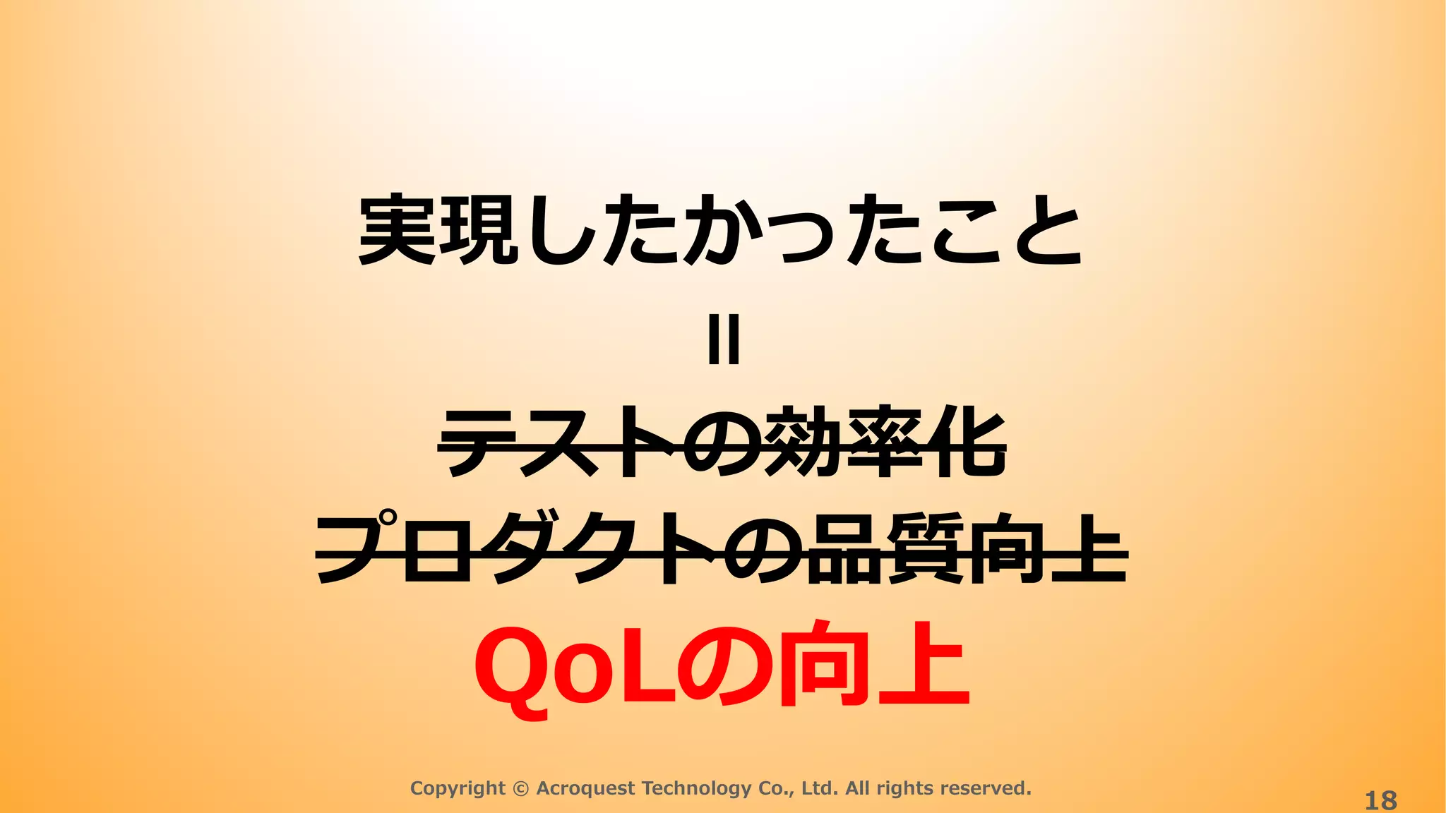 Copyright © Acroquest Technology Co., Ltd. All rights reserved.
18
実現したかったこと
テストの効率化
プロダクトの品質向上
QoLの向上＝
 