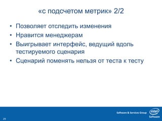 Software & Services Group
«с подсчетом метрик» 2/2
• Позволяет отследить изменения
• Нравится менеджерам
• Выигрывает интерфейс, ведущий вдоль
тестируемого сценария
• Сценарий поменять нельзя от теста к тесту
29
 