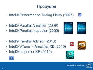 Software & Services Group
Продукты
• Intel® Performance Tuning Utility (2007)
• Intel® Parallel Amplifier (2009)
• Intel® Parallel Inspector (2009)
• Intel® Parallel Advisor (2010)
• Intel® VTune™ Amplifier XE (2010)
• Intel® Inspector XE (2010)
5
 