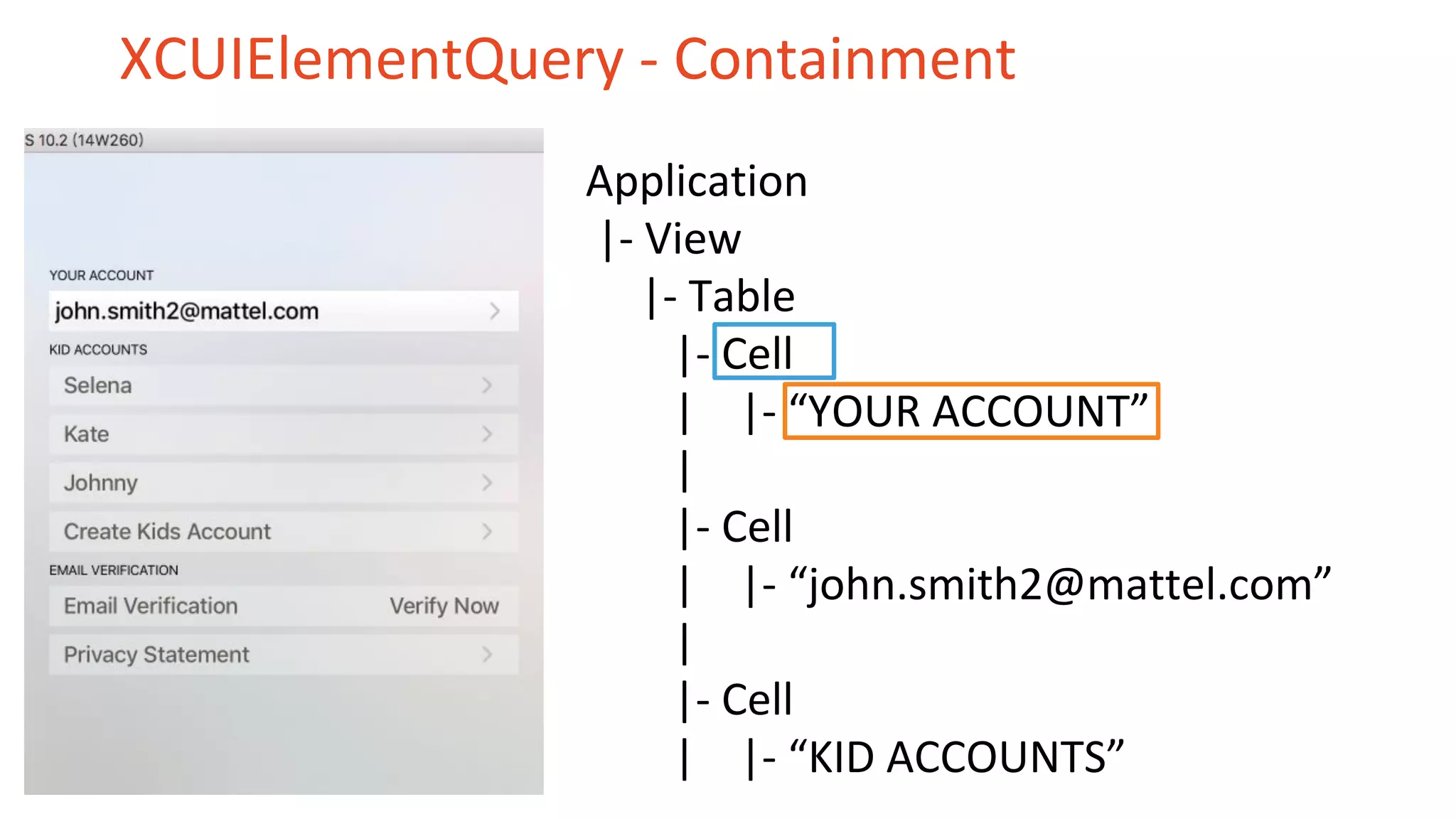 XCUIElementQuery - Containment
Application
|- View
|- Table
|- Cell
| |- “YOUR ACCOUNT”
|
|- Cell
| |- “john.smith2@mattel.com”
|
|- Cell
| |- “KID ACCOUNTS”
 
