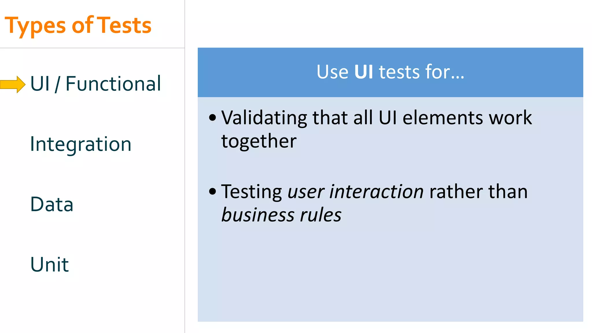 Types ofTests
UI / Functional
Integration
Data
Unit
Use UI tests for…
•Validating that all UI elements work
together
•Testing user interaction rather than
business rules
 