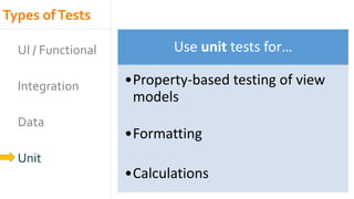 Types ofTests
UI / Functional
Integration
Data
Unit
Use unit tests for…
•Property-based testing of view
models
•Formatting
•Calculations
 