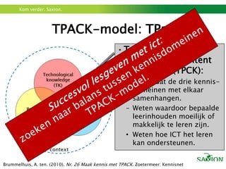 TPACK-model: TPaCKTechnologicalPedagogical Content knowledge (TPCK):Weten dat de drie kennis-domeinen met elkaar samenhangen.Weten waardoor bepaalde leerinhouden moeilijk of makkelijk te leren zijn.Weten hoe ICT het leren kan ondersteunen.Succesvol lesgeven met ict: zoeken naar balans tussen kennisdomeinen TPACK-model. Brummelhuis, A. ten. (2010). Nr. 26 Maak kennis met TPACK. Zoetermeer: Kennisnet