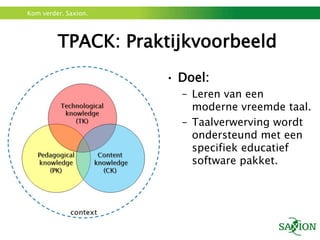 TPACK: PraktijkvoorbeeldDoel:Leren van een moderne vreemde taal.Taalverwerving wordt ondersteund met een specifiek educatief  software pakket.