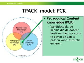 TPACK-model: PCKPedagogical Content Knowledge (PCK): Vakdidactiek, de kennis die de docent heeft om het vak vorm te geven en aan te passen voor instructie en leren.