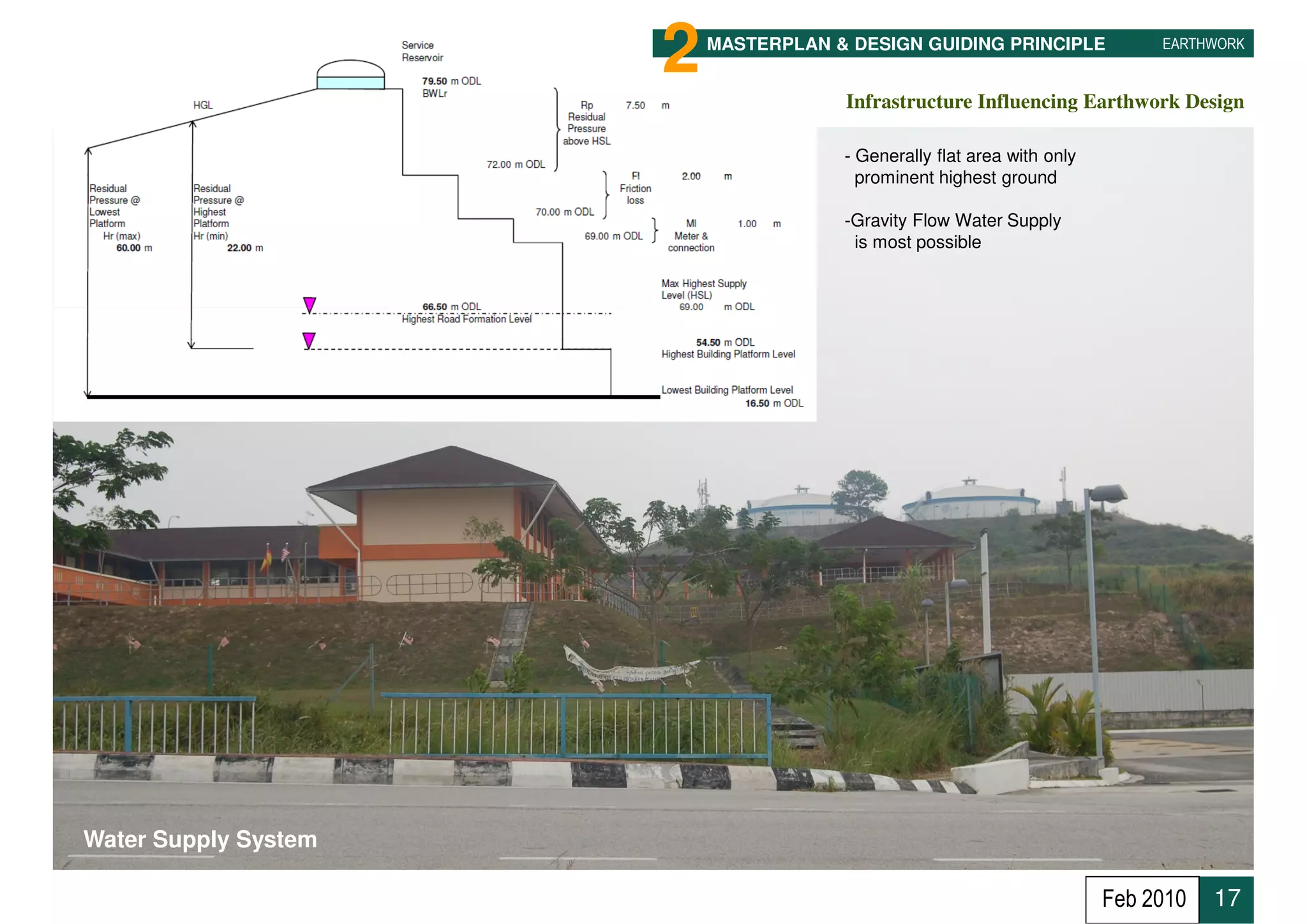 2   MASTERPLAN & DESIGN GUIDING PRINCIPLE              EARTHWORK


                                      Infrastructure Influencing Earthwork Design

                                      - Generally flat area with only
                                        prominent highest ground

                                      -Gravity Flow Water Supply
                                       is most possible




Water Supply System

                                                                        Feb 2010   17
 