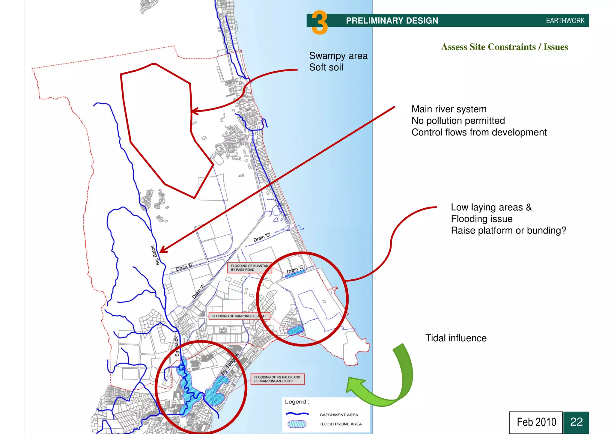 3     PRELIMINARY DESIGN                             EARTHWORK


                           Assess Site Constraints / Issues
Swampy area
Soft soil



                  Main river system
                  No pollution permitted
                  Control flows from development




                             Low laying areas &
                 Sg. Balok atFlooding issue
                             Coastal Road
                             Raise platform or bunding?




                     Tidal influence




                                              Feb 2010        22
 