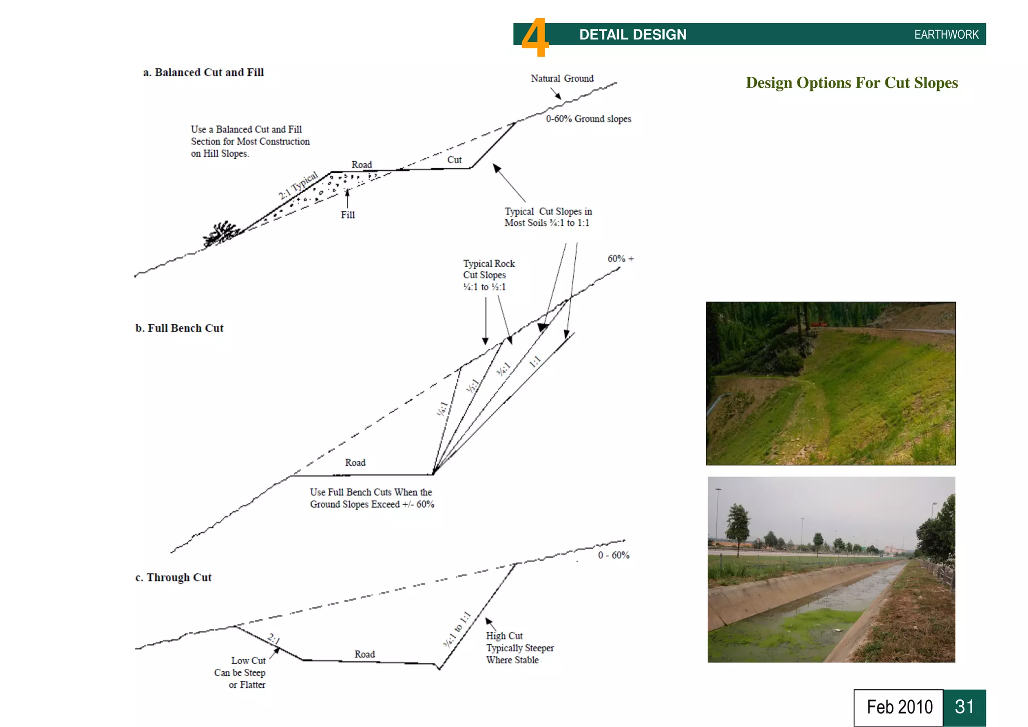 4   DETAIL DESIGN                          EARTHWORK



                    Design Options For Cut Slopes




                                    Feb 2010    31
 