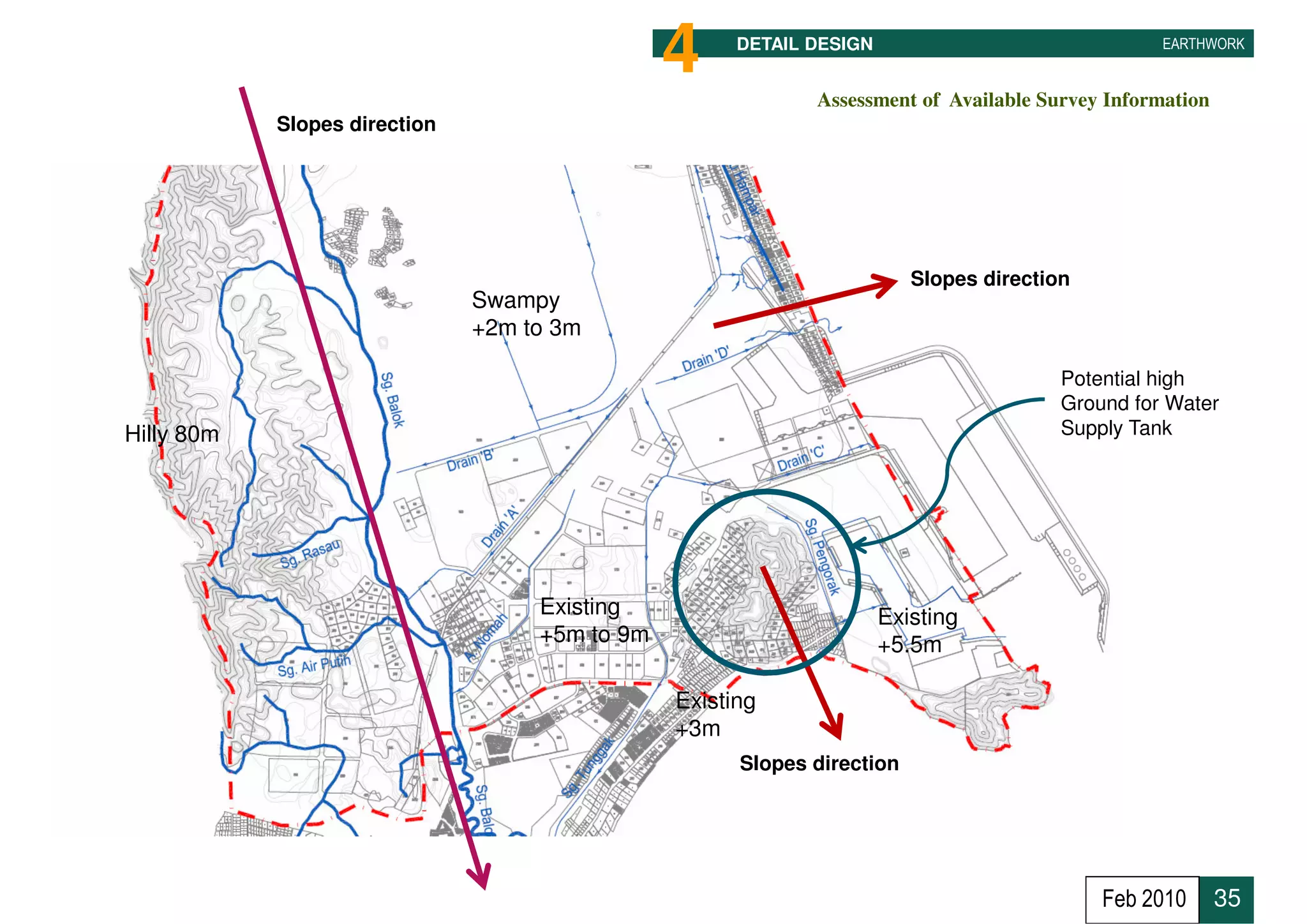 4     DETAIL DESIGN                               EARTHWORK


                                                             Assessment of Available Survey Information
            Slopes direction




                                                                         Slopes direction
                               Swampy
                               +2m to 3m

                                                                                        Potential high
                                                                                        Ground for Water
Hilly 80m                                                                               Supply Tank




                                    Existing                          Existing
                                    +5m to 9m                         +5.5m

                                                Existing
                                                +3m
                                                      Slopes direction




                                                                                            Feb 2010      35
 