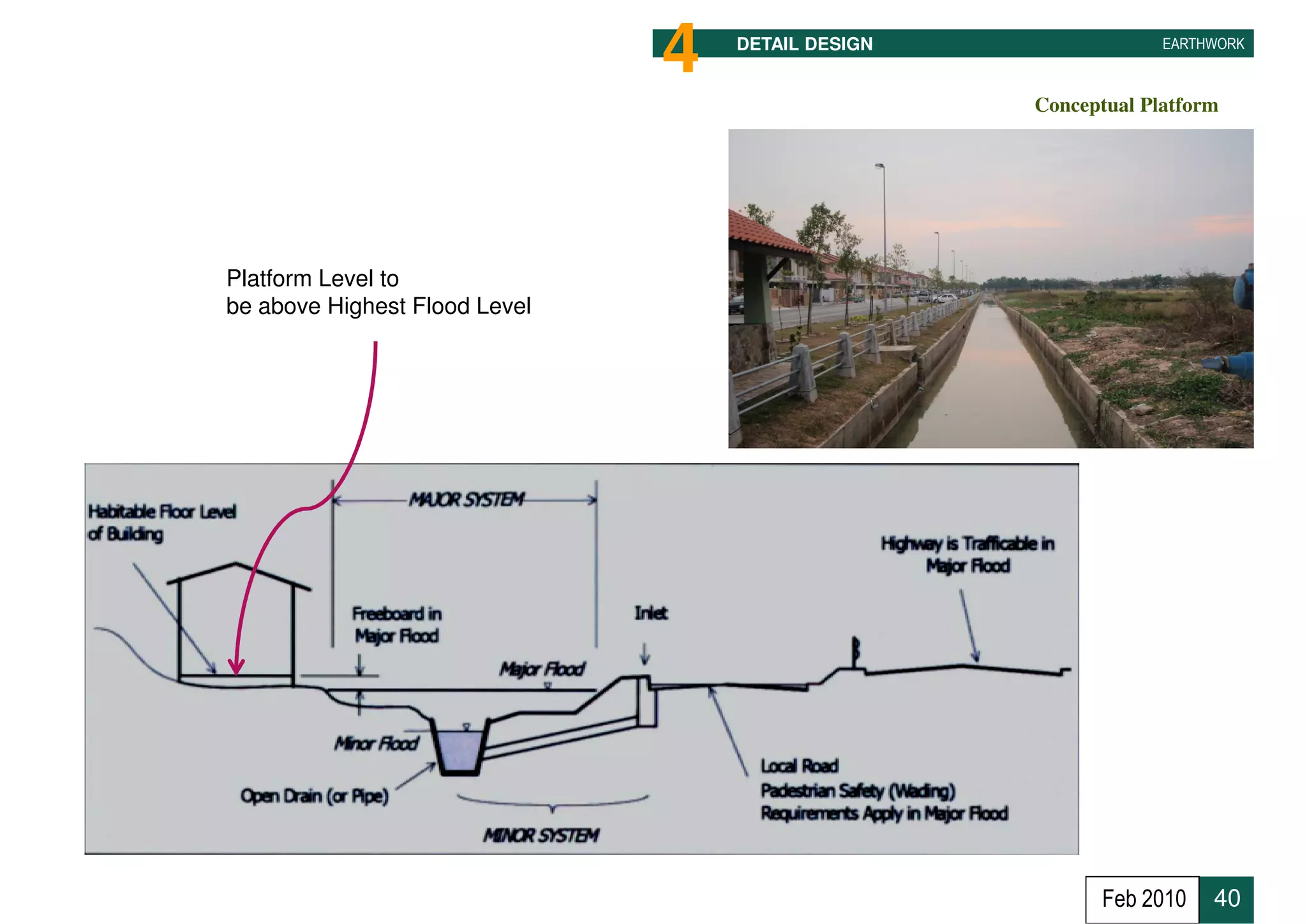 4   DETAIL DESIGN                EARTHWORK



                                                   Conceptual Platform




Platform Level to
be above Highest Flood Level




                                                         Feb 2010    40
 
