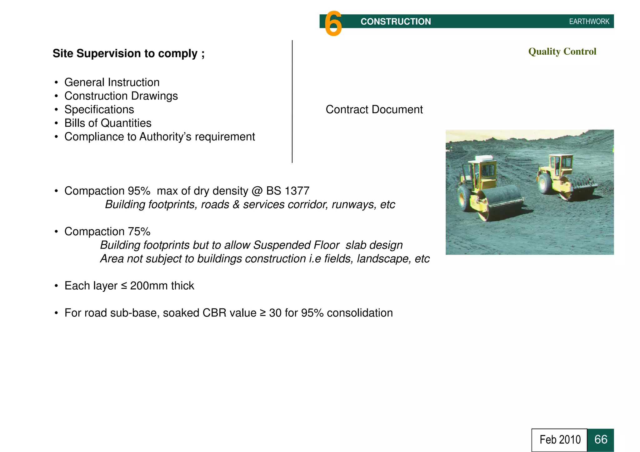 6       CONSTRUCTION              EARTHWORK



Site Supervision to comply ;                                                   Quality Control


•   General Instruction
•   Construction Drawings
•   Specifications                                     Contract Document
•   Bills of Quantities
•   Compliance to Authority’s requirement



• Compaction 95% max of dry density @ BS 1377
        Building footprints, roads & services corridor, runways, etc

• Compaction 75%
       Building footprints but to allow Suspended Floor slab design
       Area not subject to buildings construction i.e fields, landscape, etc

• Each layer ≤ 200mm thick

• For road sub-base, soaked CBR value ≥ 30 for 95% consolidation




                                                                                 Feb 2010    66
 