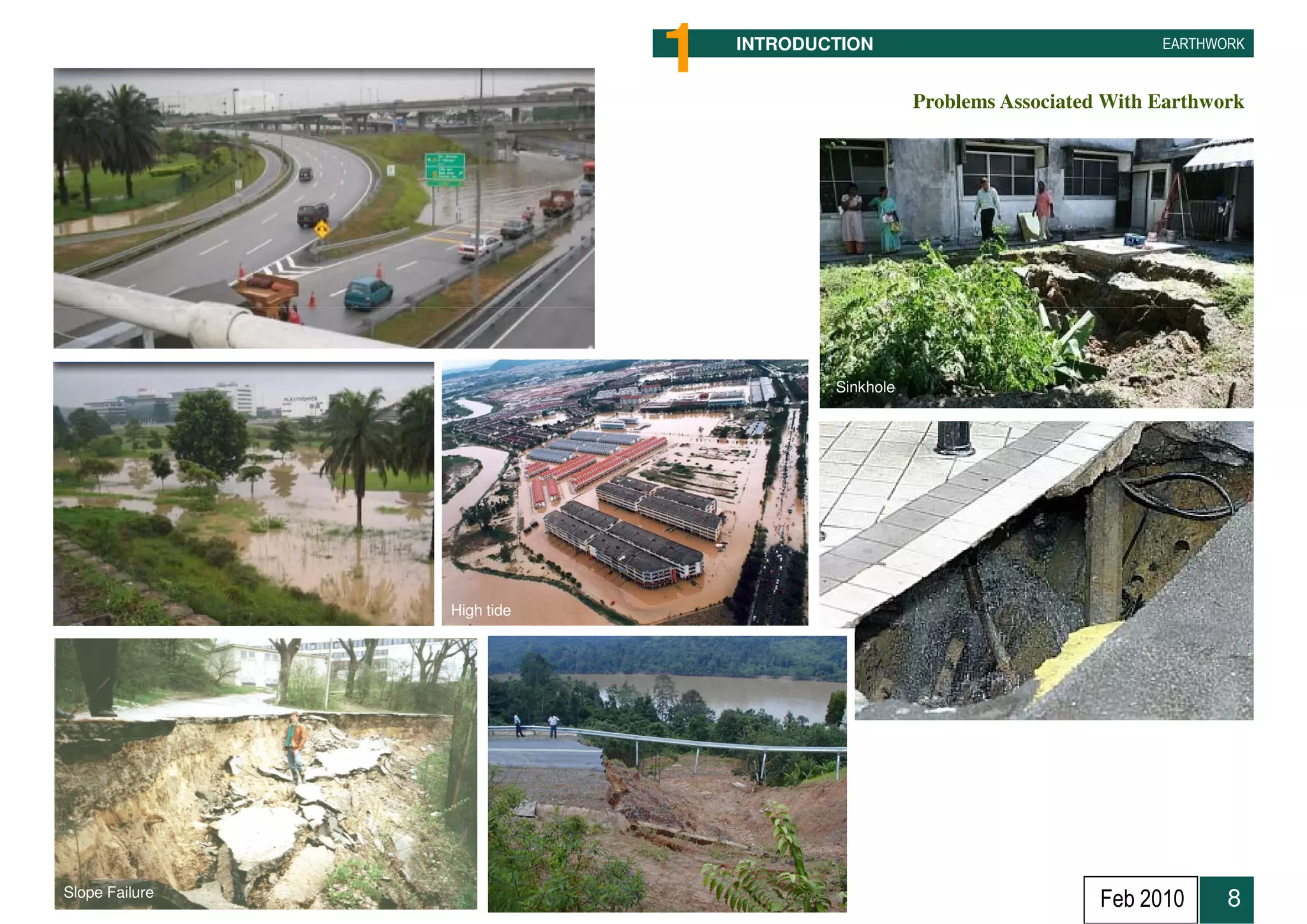 1   INTRODUCTION                                EARTHWORK


                                                   Problems Associated With Earthwork




                                        Sinkhole




                High tide




                                                                            8
Slope Failure
                                                                      Feb 2010     8
 