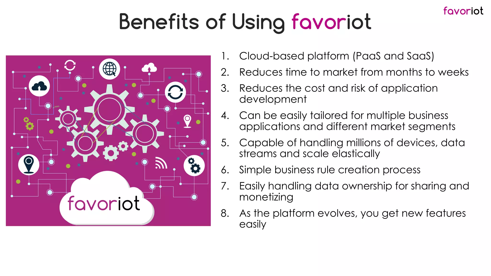 favoriot
Benefits of Using favoriot
1. Cloud-based platform (PaaS and SaaS)
2. Reduces time to market from months to weeks
3. Reduces the cost and risk of application
development
4. Can be easily tailored for multiple business
applications and different market segments
5. Capable of handling millions of devices, data
streams and scale elastically
6. Simple business rule creation process
7. Easily handling data ownership for sharing and
monetizing
8. As the platform evolves, you get new features
easily
 