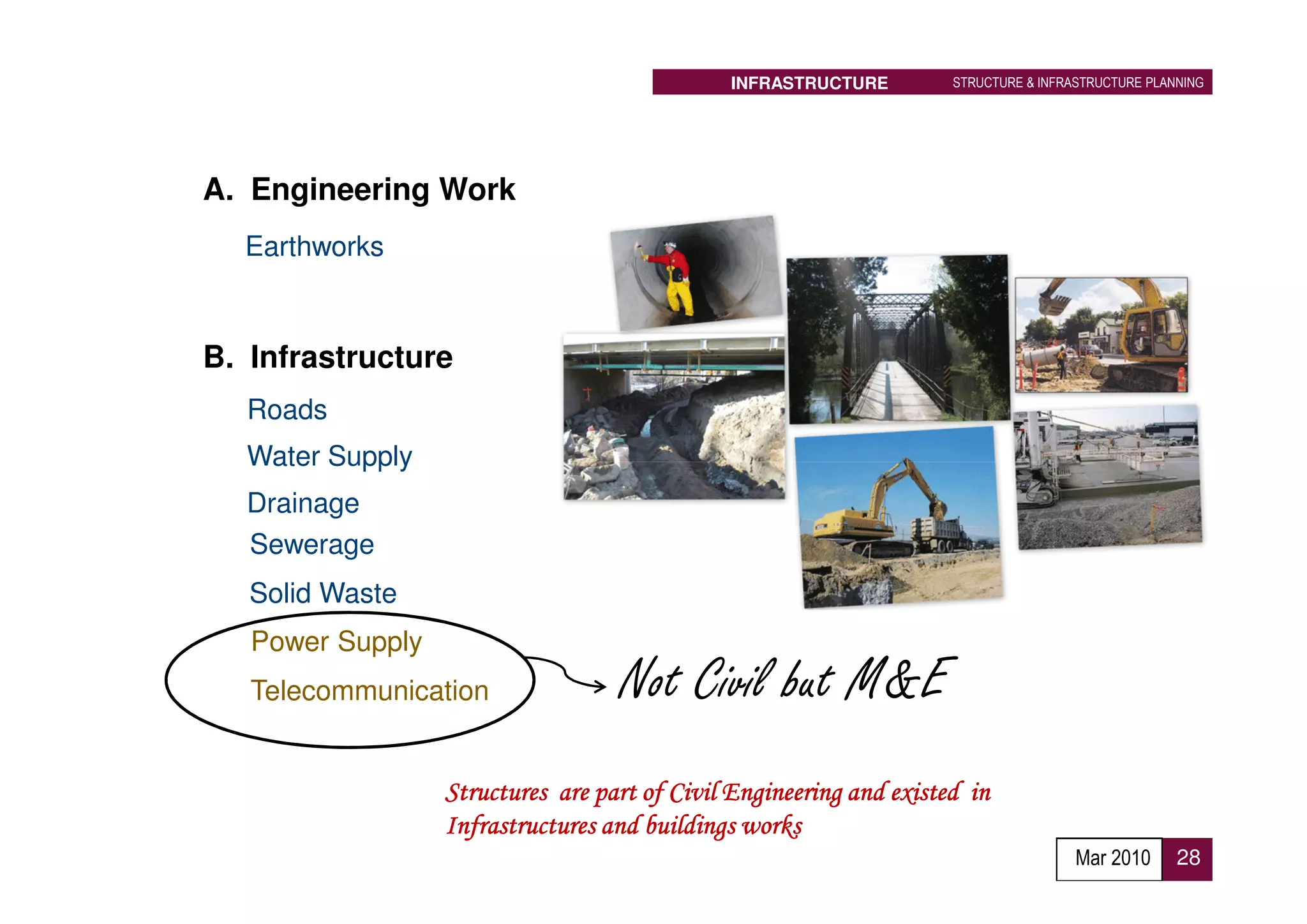INFRASTRUCTURE         STRUCTURE & INFRASTRUCTURE PLANNING




A. Engineering Work
  Earthworks



B. Infrastructure
  Roads
  Water Supply
  Drainage
  Sewerage
   Solid Waste
   Power Supply
   Telecommunication               Not Civil but M&E
                  Structures are part of Civil Engineering and existed in
                  Infrastructures and buildings works
                                                                                      Mar 2010      28
 