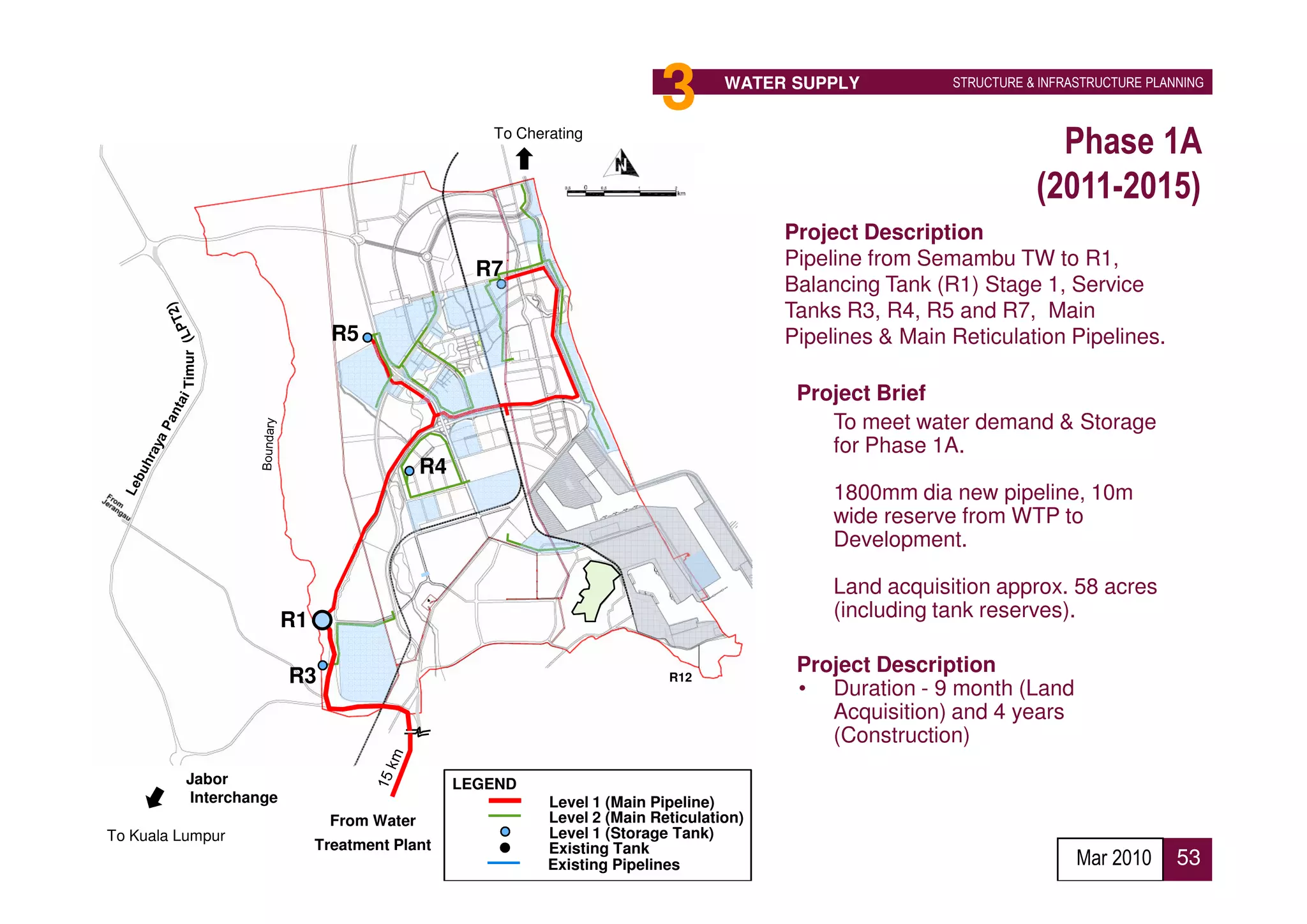 3        WATER SUPPLY           STRUCTURE & INFRASTRUCTURE PLANNING


                                                   To Cherating
                                                                                                                      Phase 1A
                                                                                                                    (2011-2015)
                                                                                        Project Description
                                                  R7                                    Pipeline from Semambu TW to R1,
                                                                                        Balancing Tank (R1) Stage 1, Service
                                                                                        Tanks R3, R4, R5 and R7, Main
                               R5                                                       Pipelines & Main Reticulation Pipelines.
         Timur




                                                                                         Project Brief
                                                                                         • To meet water demand & Storage
                                                                                            for Phase 1A.
                                           R4
                                                                                         •   1800mm dia new pipeline, 10m
                                                                                             wide reserve from WTP to
                                                                                             Development.

                                                                                         •   Land acquisition approx. 58 acres
                        R1                                                                   (including tank reserves).

                                                                                         Project Description
                        R3                                                R12
                                                                                         • Duration - 9 month (Land
                                                                                            Acquisition) and 4 years
                                                                                            (Construction)
          Jabor                                 LEGEND
          Interchange                                     Level 1 (Main Pipeline)
                              From Water                  Level 2 (Main Reticulation)
To Kuala Lumpur                                           Level 1 (Storage Tank)
                             Treatment Plant              Existing Tank
                                                          Existing Pipelines                                              Mar 2010      53
 